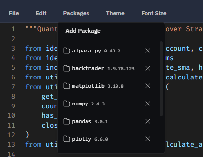 QuantCraft IDE with the Packages menu and Add Package dialog open, listing installed packages such as alpaca-py, pandas, and numpy with version numbers.