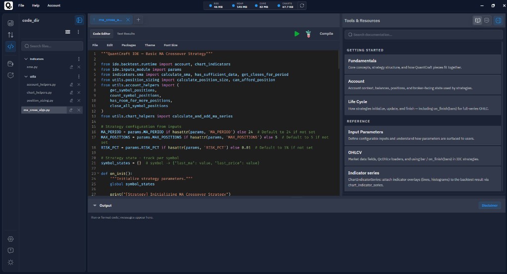 QuantCraft IDE showing the full workspace: files sidebar, main editor, Tools & Resources, and Output panel.